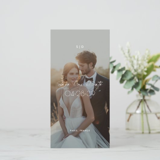 Modern Script Bookmark 2 Photo Budget Wedding Save The Date (Stehend Vorderseite)
