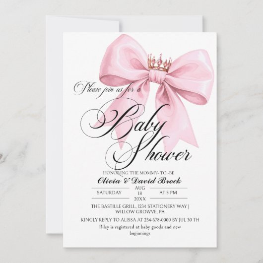 Modern Script Bow Pink Baby Shower Einladung (Vorderseite)