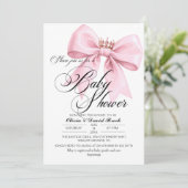 Modern Script Bow Pink Baby Shower Einladung (Stehend Vorderseite)