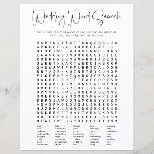Modern Script Brautparty Word Search Game (Vorderseite)