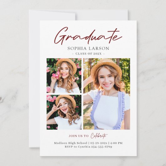 Modern Script Burgundy 3 Foto Collage Abschluss Ankündigung (Vorderseite)