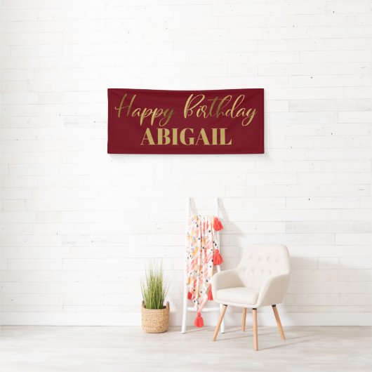 Modern Script Burgundy Gold Happy Birthday Banner (Insitu)
