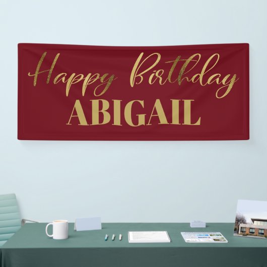 Modern Script Burgundy Gold Happy Birthday Banner (Messe)