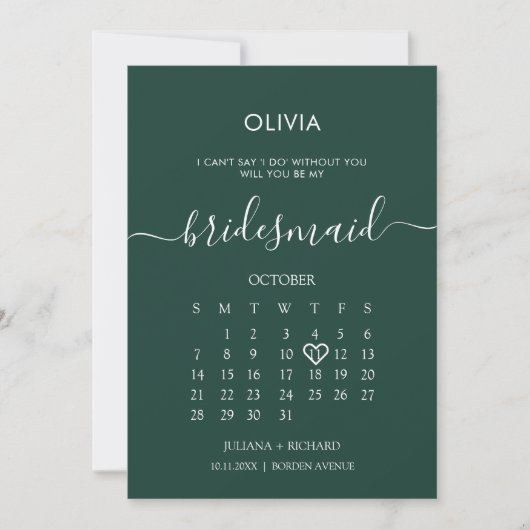 Modern Script Calendar Bridesmaid Emerald Vorschla Einladung (Vorderseite)