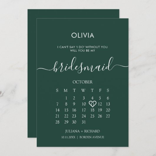 Modern Script Calendar Bridesmaid Emerald Vorschla Einladung (Vorne/Hinten)