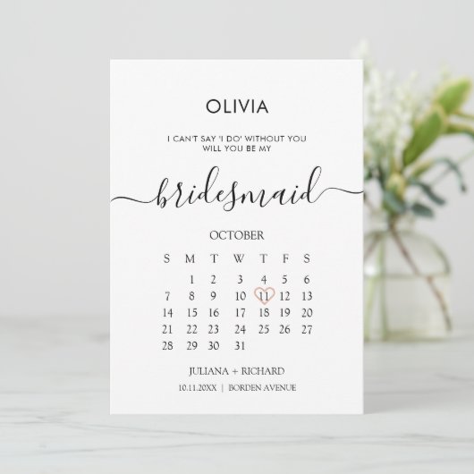 Modern Script Calendar Bridesmaid Vorschlag Einladung (Stehend Vorderseite)