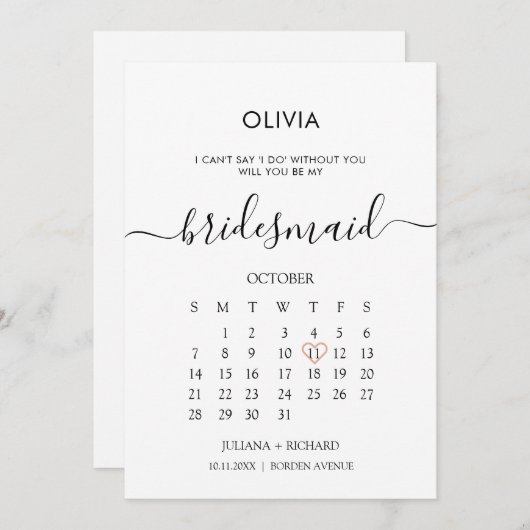 Modern Script Calendar Bridesmaid Vorschlag Einladung (Vorne/Hinten)