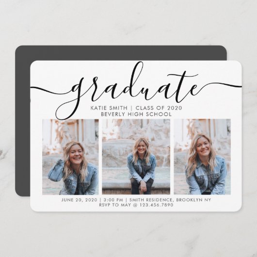 Modern Script Calligraphy 3 Foto Abschluss Einladung (Vorne/Hinten)