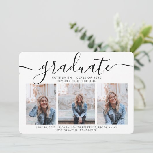 Modern Script Calligraphy 3 Foto Abschluss Einladung (Stehend Vorderseite)