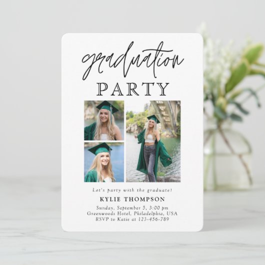 Modern Script Calligraphy Drei Foto Abschluss Einladung (Stehend Vorderseite)