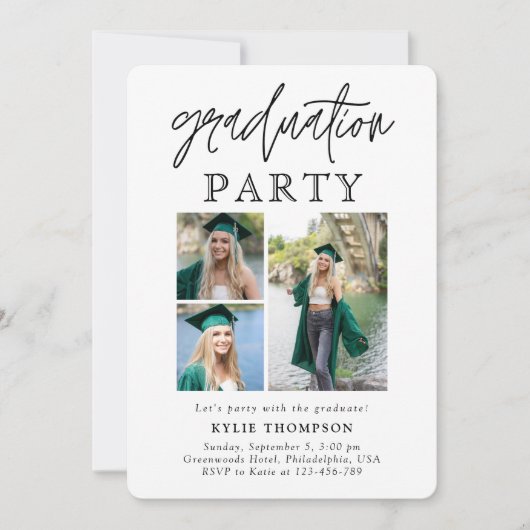 Modern Script Calligraphy Drei Foto Abschluss Einladung (Vorderseite)