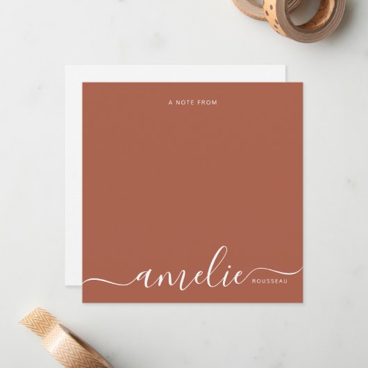 Modern Script Calligraphy Monogram Terracotta Mitteilungskarte (Vorderseite/Rückseite Beispiel)