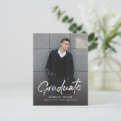 Modern Script Casual Photo Graduation Announcement Postkarte (Stehend Vorderseite)