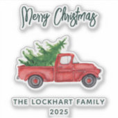 Modern Script Christmas Red Truck Holiday Aufkleber (Vorderseite)