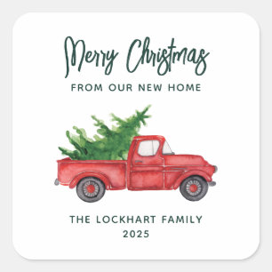 Modern Script Christmas Red Truck Holiday Quadratischer Aufkleber