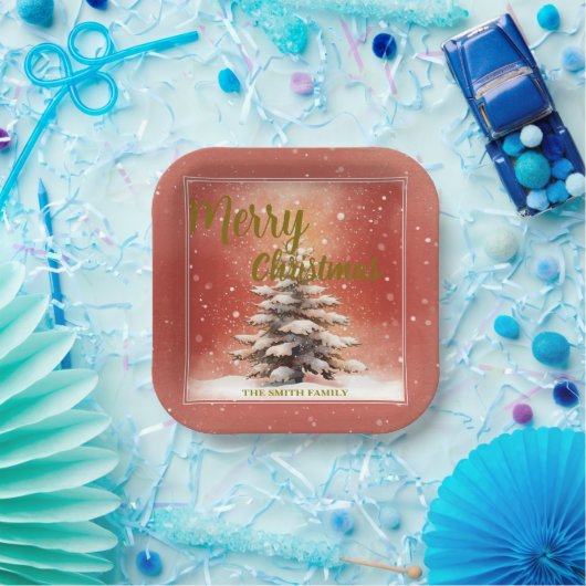 Modern Script Christmas Xmas winter pine tree fore Pappteller (Party)