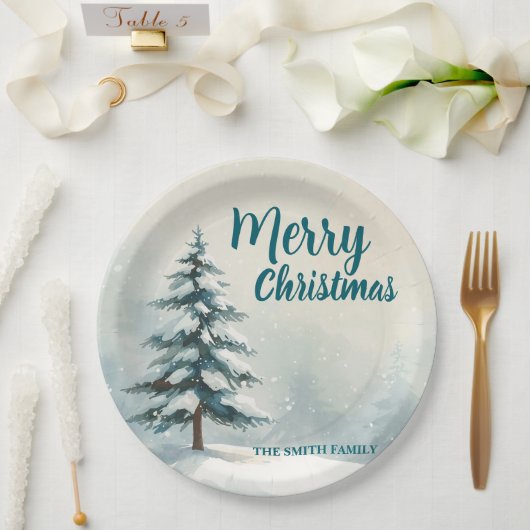 Modern Script Christmas Xmas winter pine tree fore Pappteller (Hochzeit)