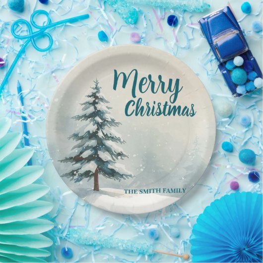 Modern Script Christmas Xmas winter pine tree fore Pappteller (Party)