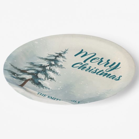 Modern Script Christmas Xmas winter pine tree fore Pappteller (Schrägansicht)