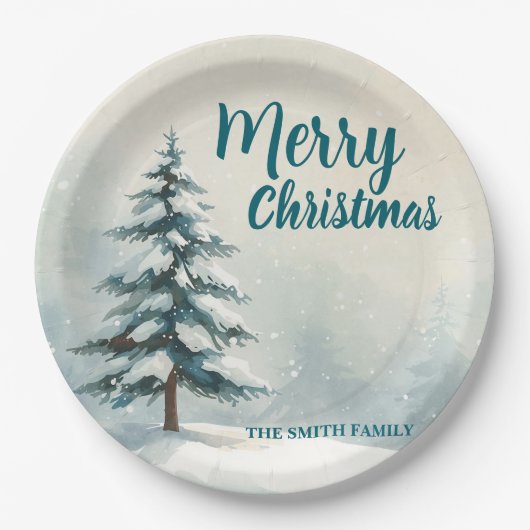 Modern Script Christmas Xmas winter pine tree fore Pappteller (Vorderseite)