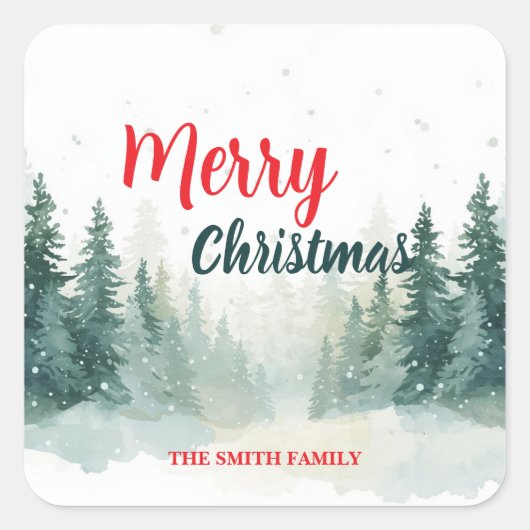 Modern Script Christmas Xmas winter pine tree fore Quadratischer Aufkleber (Vorderseite)
