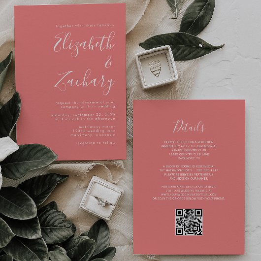 Modern Script Coral Pink QR Code Wedding Einladung