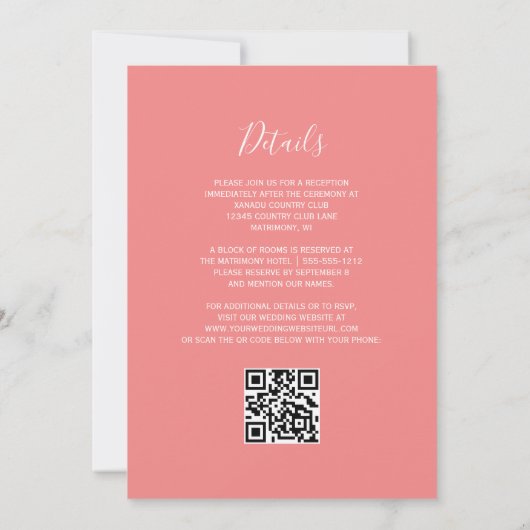 Modern Script Coral Pink QR Code Wedding Einladung (Rückseite)