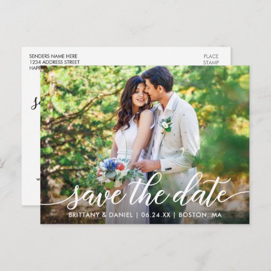 Modern Script Couple Foto Save the Date W Ankündigungspostkarte (Vorne/Hinten)
