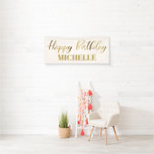 Modern Script Cream White Gold Happy Birthday Banner (Insitu)