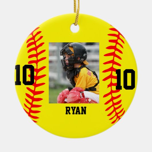 Modern Script Custom Baseball Foto Weihnachten Keramik Ornament (Vorne)