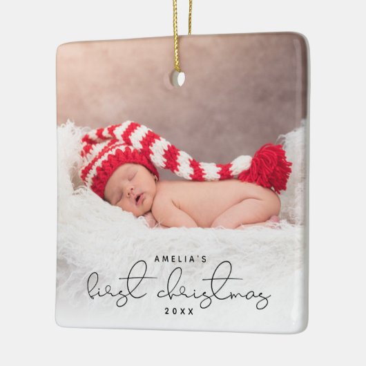Modern Script Custom Foto Erste Weihnachtsfeier Keramikornament (Links)