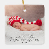 Modern Script Custom Foto Erste Weihnachtsfeier Keramikornament (Vorderseite)