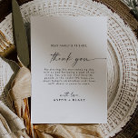 Modern Script Dankeschön Empfang Card Postkarte<br><div class="desc">Dieses moderne Drehbuch danke Ihnen Empfang-Karte ist perfekt für eine minimalistische Hochzeit. Das schlichte Schwarz-Weiß-Design zeichnet sich durch eine einzigartige industrielle Schrift mit modernem Boho-Stil aus. Anpassbar in jeder Farbe. Behalt das Design minimal und elegant, wie es ist, oder personalisiere es durch Hinzufügen von eigenen Grafiken und Kunstwerken. Platzieren Sie...</div>