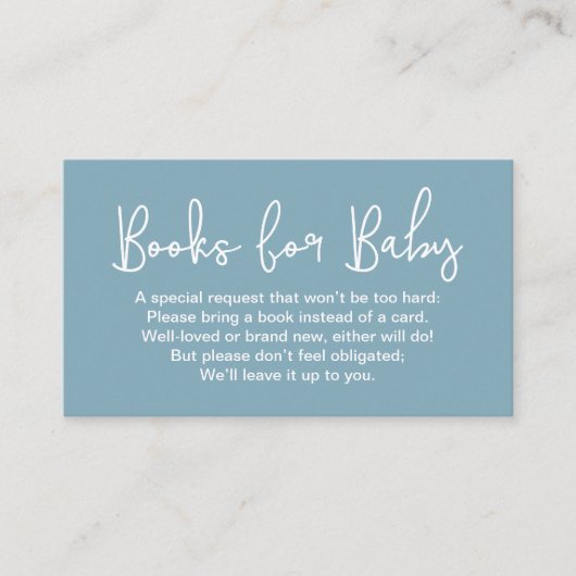 Modern Script dusty blue Baby shower Book Request Begleitkarte (Vorderseite)