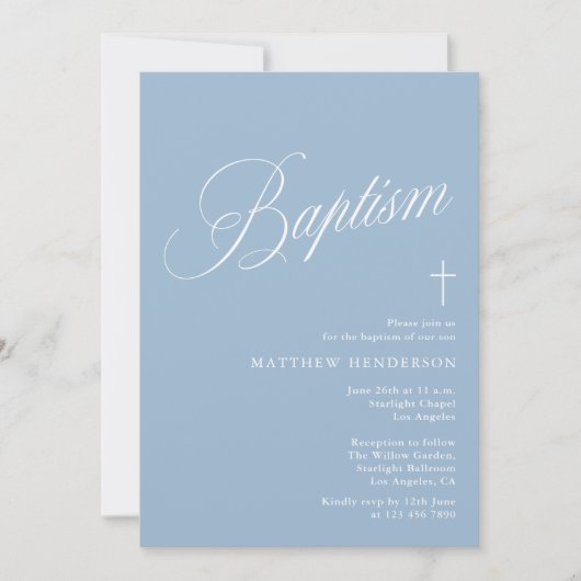 Modern Script Dusty Blue Boys Baptism Einladung (Vorderseite)