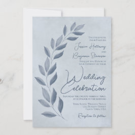Modern Script Dusty Blue & Pewter Leaves Wedding Einladung