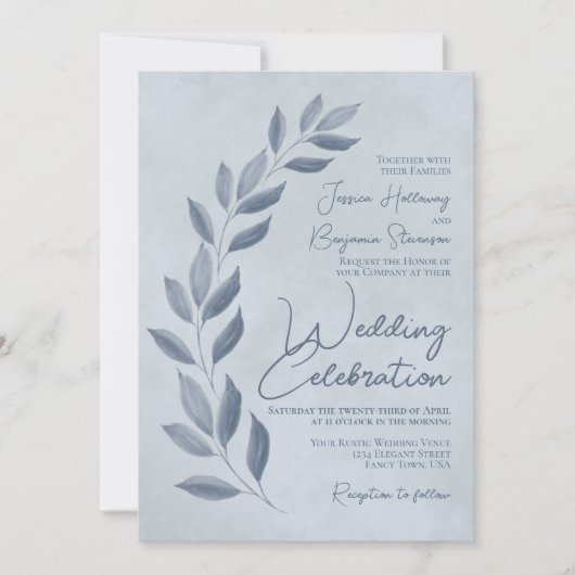 Modern Script Dusty Blue & Pewter Leaves Wedding Einladung (Vorderseite)