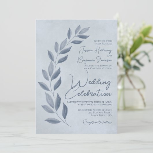 Modern Script Dusty Blue & Pewter Leaves Wedding Einladung (Stehend Vorderseite)