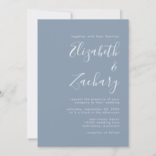 Modern Script Dusty Blue Wedding Einladung (Vorderseite)