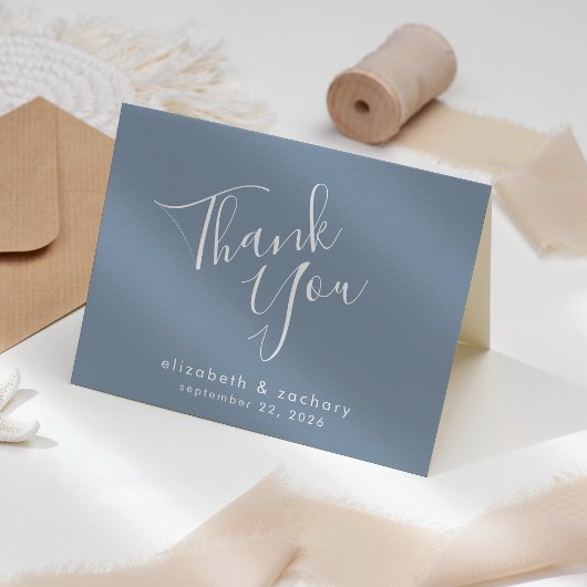 Modern Script Dusty Blue Wedding Vielen Dank Karte