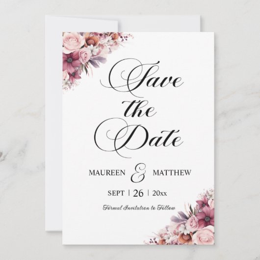 Modern Script Dusty Pink Boho Floral Save the Date (Vorderseite)