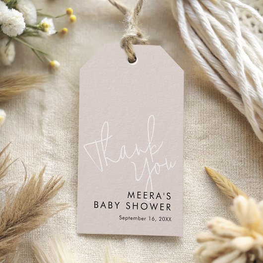 Modern Script Dusty Pink Danke Baby Dusche Geschenkanhänger