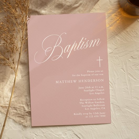 Modern Script Dusty Pink Girl Baptism Einladung