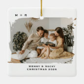Modern Script Elegant Engagement Photo Keepsake Keramikornament (Rückseite)