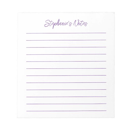 Modern Script Elegant Purple Lined Personalized Notizblock (Vorderseite)