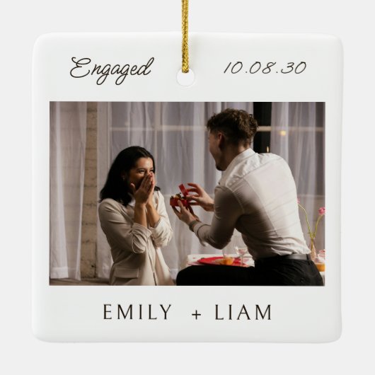 Modern Script Engagement Photo Keepsake  Keramikornament (Rückseite)