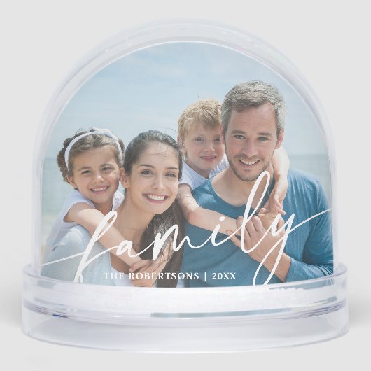 Modern Script Family Photo Beach Schneekugeln (Vorderseite)
