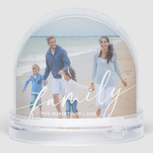 Modern Script Family Photo Beach Schneekugeln (Rückseite)