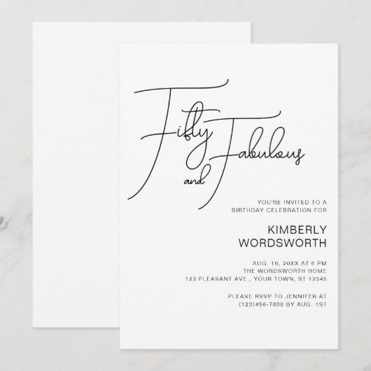 Modern Script Fifty and Fabulous 50th Birthday Einladung (Vorne/Hinten)