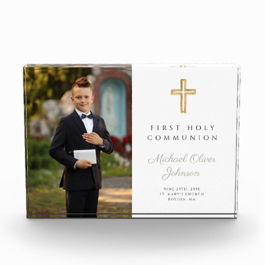 Modern Script First Heilige Kommunion Boy Picture Fotoblock (Vorderseite)